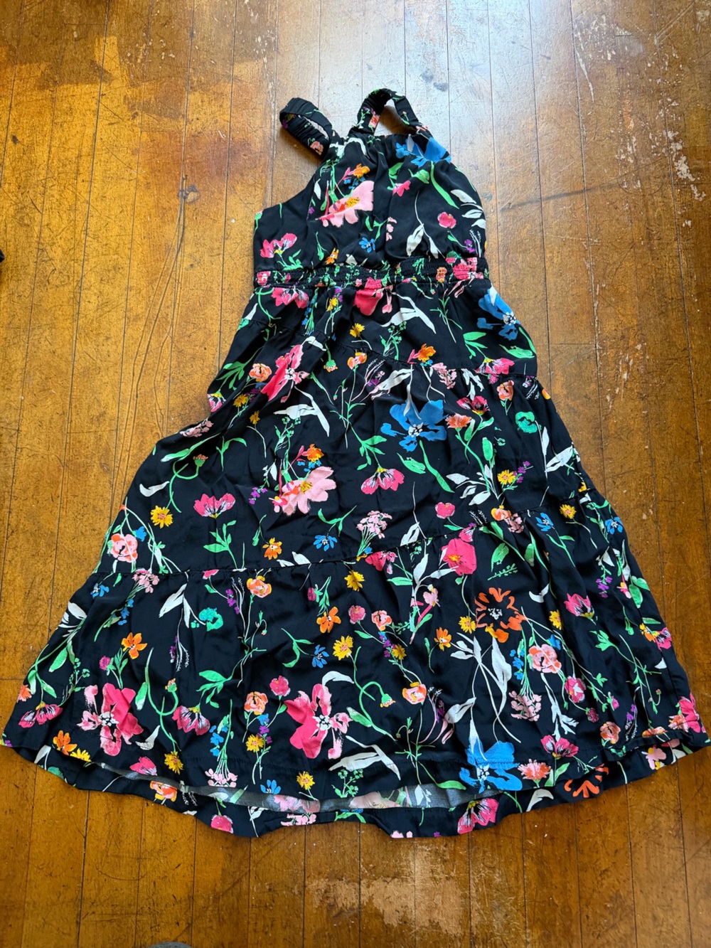 Cat & Jack Black Floral Tiered Sundress with Multicolor Flowers. Girls size 6/7